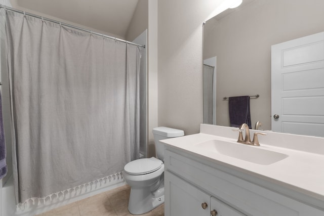 full bathroom with tile patterned flooring, vanity, toilet, and shower / bathtub combination with curtain