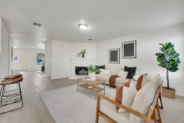 living room with a fireplace, light hardwood / wood-style flooring, and a textured ceiling