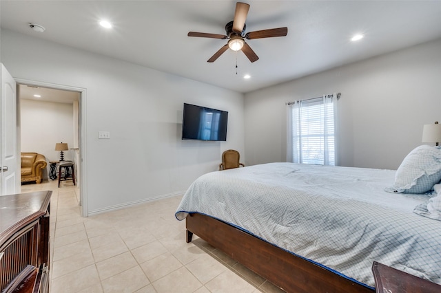 bedroom with light tile patterned flooring and ceiling fan