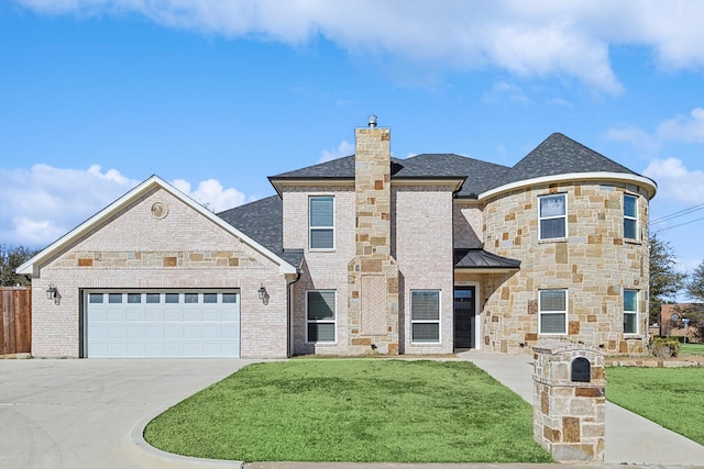 view of front of house with driveway, a chimney, an attached garage, a front lawn, and brick siding