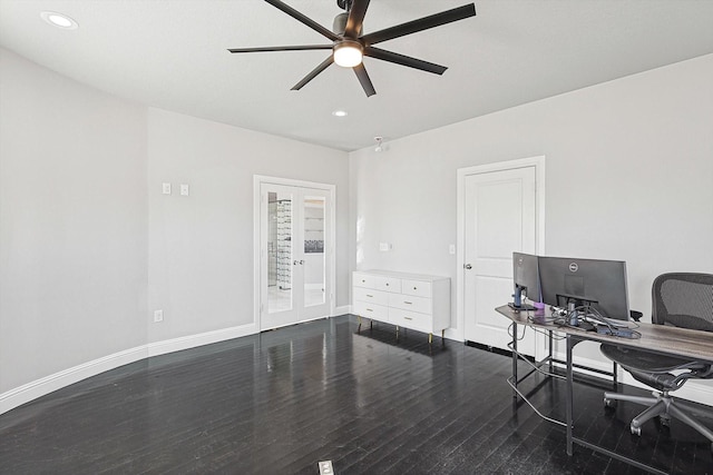 home office featuring french doors, ceiling fan, and dark hardwood / wood-style floors