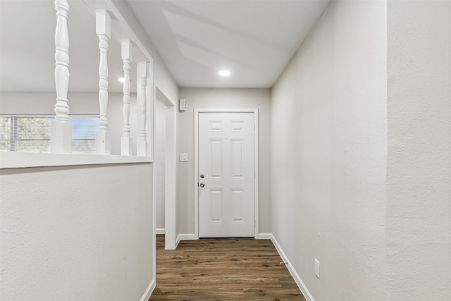 doorway to outside featuring dark wood-type flooring