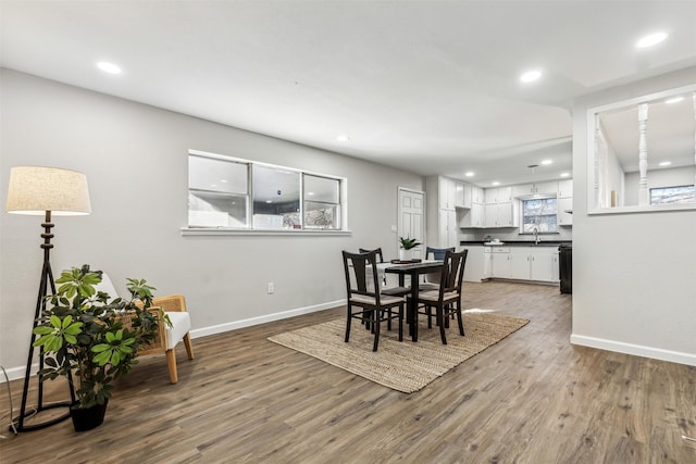 dining room with sink and hardwood / wood-style floors