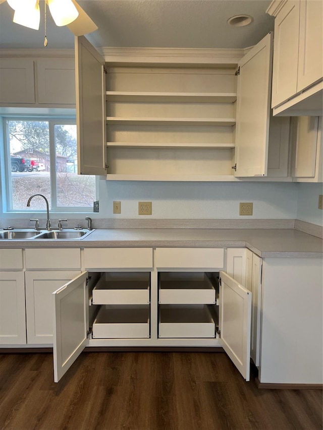 kitchen featuring open shelves, light countertops, dark wood-type flooring, white cabinetry, and a sink