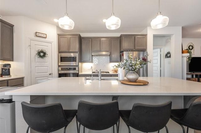 kitchen with hanging light fixtures, sink, a large island with sink, and stainless steel appliances