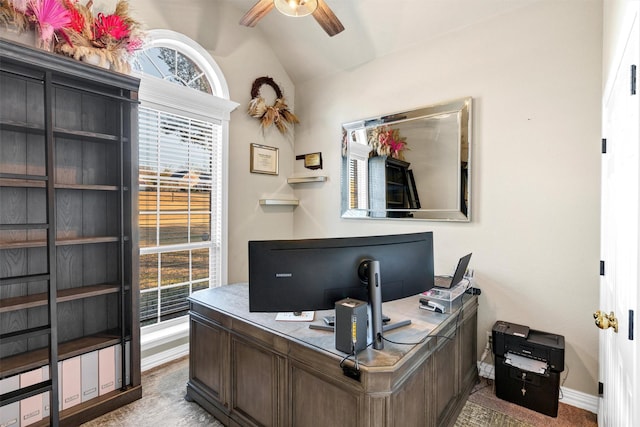 office featuring ceiling fan and vaulted ceiling