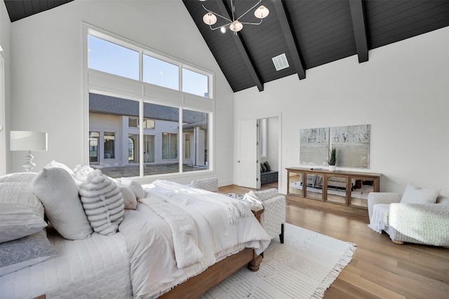 bedroom with wood ceiling, beam ceiling, wood-type flooring, and high vaulted ceiling