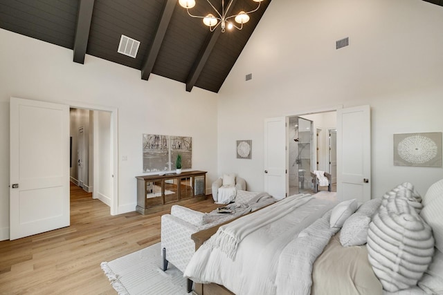 bedroom featuring an inviting chandelier, high vaulted ceiling, wood ceiling, beam ceiling, and light hardwood / wood-style flooring