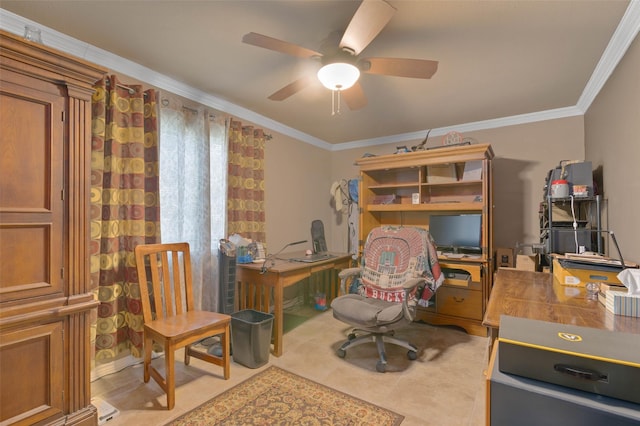 home office featuring crown molding and ceiling fan