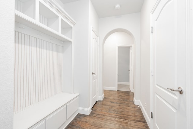 mudroom featuring dark wood-type flooring