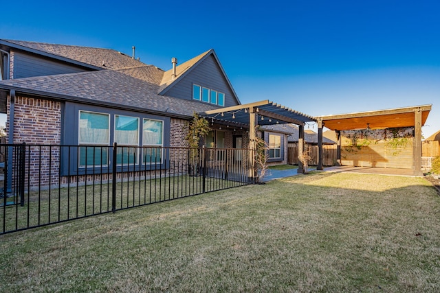 back of property with a lawn and a pergola