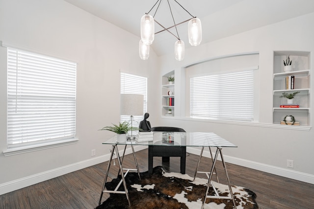 1108 Canterbury Ln, Forney, TX 75126 - office with wood finished floors, a chandelier, lofted ceiling, and built in shelves