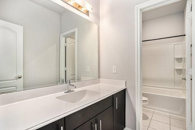 full bathroom featuring tile patterned flooring, vanity, shower / bathtub combination, and toilet