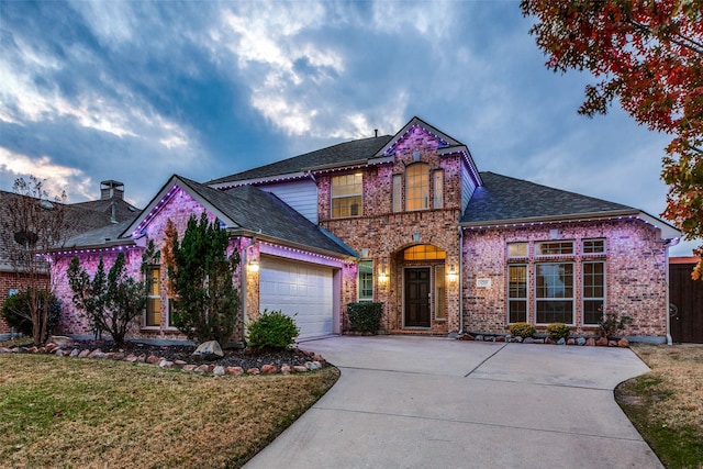 view of front of property featuring a garage and a front yard