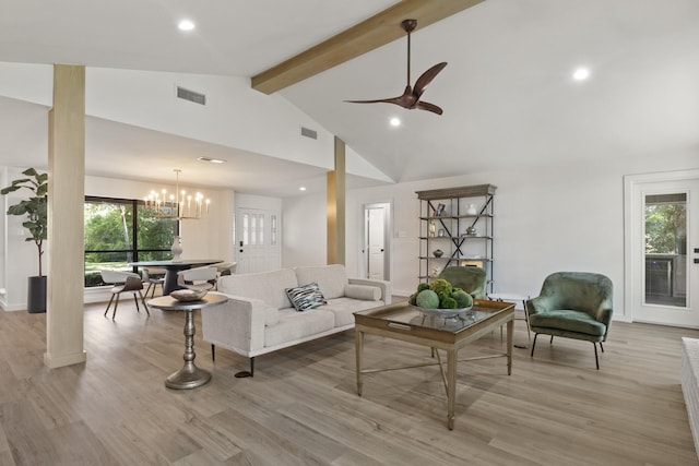 living room featuring high vaulted ceiling, beam ceiling, ceiling fan with notable chandelier, and light hardwood / wood-style floors