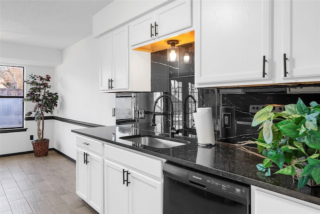 kitchen with white cabinetry, black dishwasher, and sink