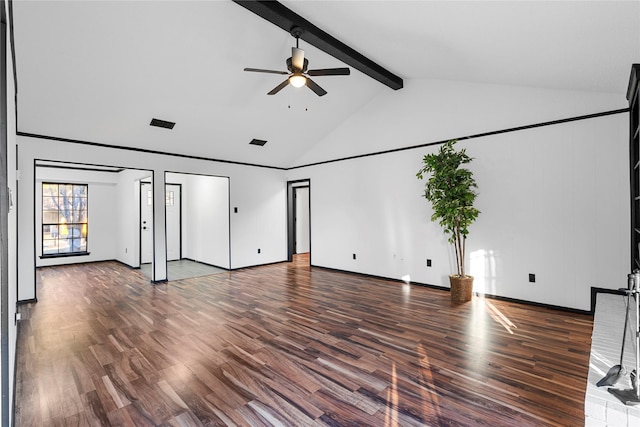 unfurnished living room featuring ceiling fan, high vaulted ceiling, dark hardwood / wood-style floors, and beamed ceiling