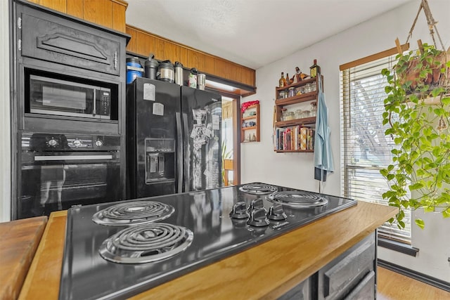 kitchen with light hardwood / wood-style flooring and black appliances