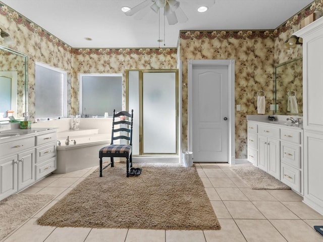 bathroom featuring vanity, tile patterned floors, and ceiling fan