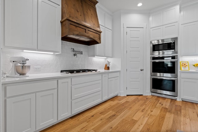 kitchen featuring premium range hood, white cabinetry, appliances with stainless steel finishes, and tasteful backsplash