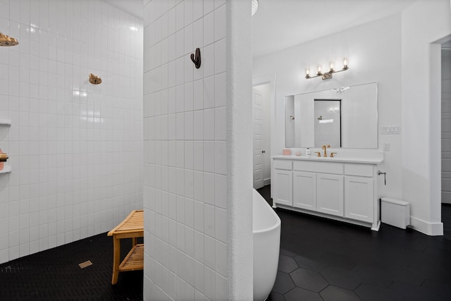 bathroom with vanity, separate shower and tub, and tile patterned floors