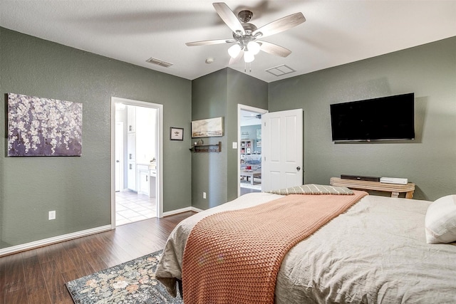 bedroom with wood-type flooring and ceiling fan