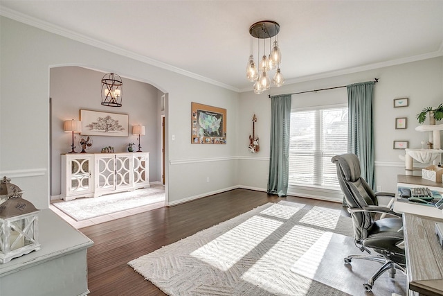 office area with ornamental molding, wood-type flooring, and a chandelier