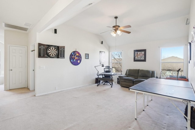 recreation room featuring ceiling fan, lofted ceiling, and light carpet