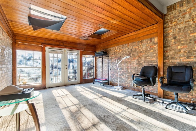 sunroom / solarium with wooden ceiling and french doors