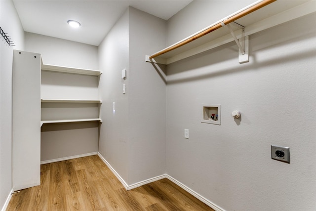 laundry room with electric dryer hookup, washer hookup, and light hardwood / wood-style floors