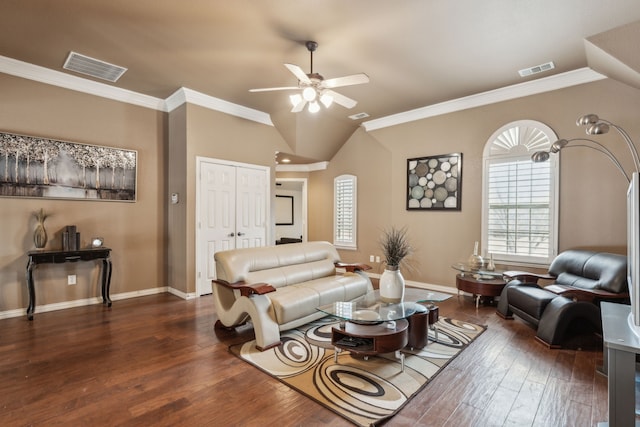 living room featuring crown molding, ceiling fan, and dark hardwood / wood-style floors