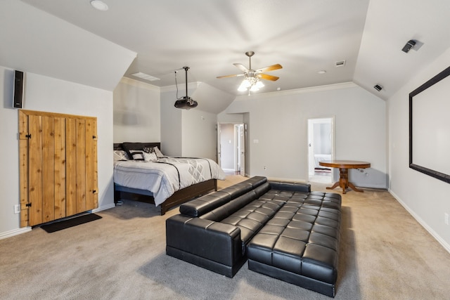 bedroom featuring lofted ceiling, light colored carpet, ornamental molding, and ceiling fan