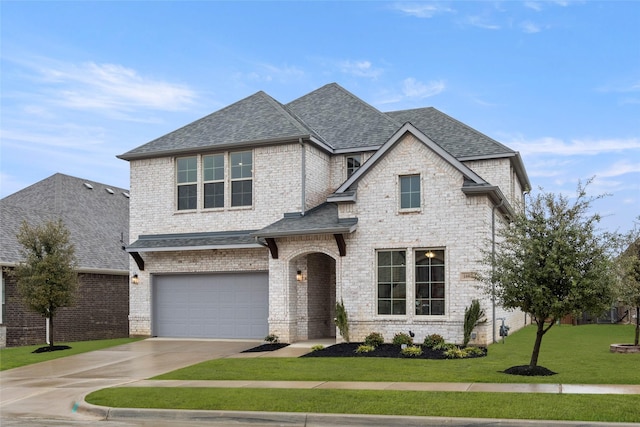 view of front of home featuring a garage and a front lawn