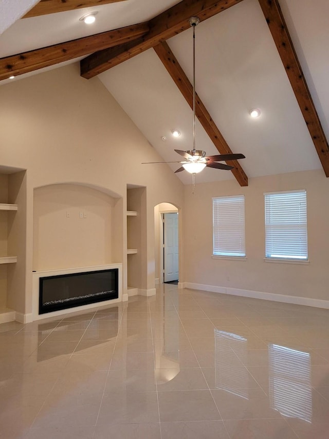 unfurnished living room featuring light tile patterned flooring, ceiling fan, high vaulted ceiling, and built in shelves