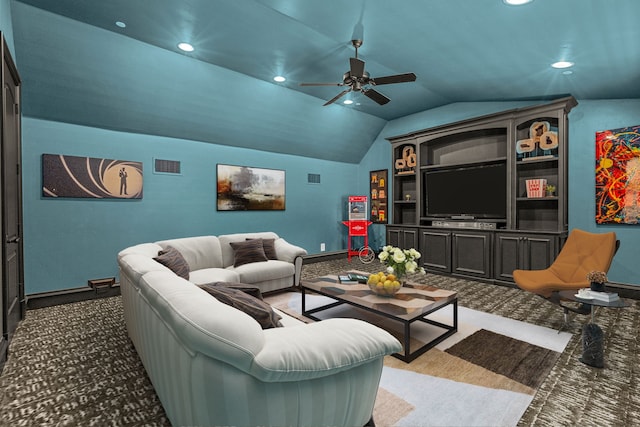 living room with ceiling fan, vaulted ceiling, and dark colored carpet