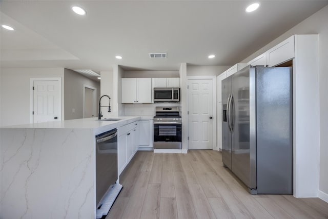 kitchen featuring sink, backsplash, white cabinets, and appliances with stainless steel finishes