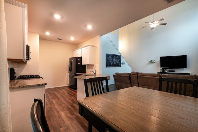 dining room featuring sink, dark hardwood / wood-style floors, and ceiling fan