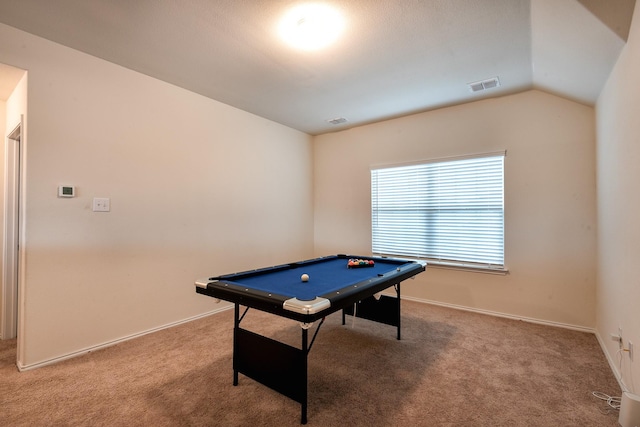 rec room with lofted ceiling, carpet floors, and pool table