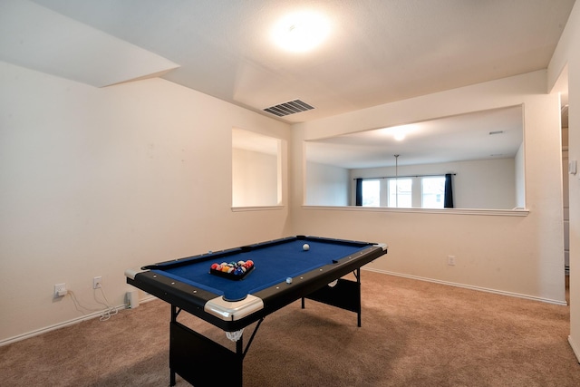 rec room with carpet floors and pool table