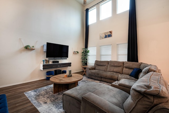 living room featuring a towering ceiling and dark hardwood / wood-style flooring