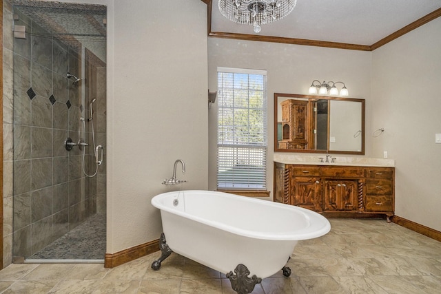 bathroom featuring vanity, ornamental molding, and separate shower and tub