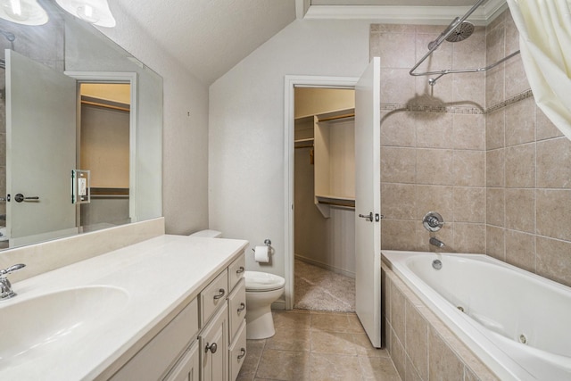 full bathroom with lofted ceiling, toilet, a textured ceiling, vanity, and shower / bath combination with curtain