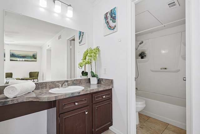 full bathroom featuring tile patterned flooring, vanity,  shower combination, and toilet