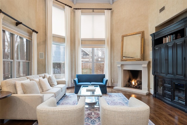 living room featuring dark wood-type flooring and a towering ceiling