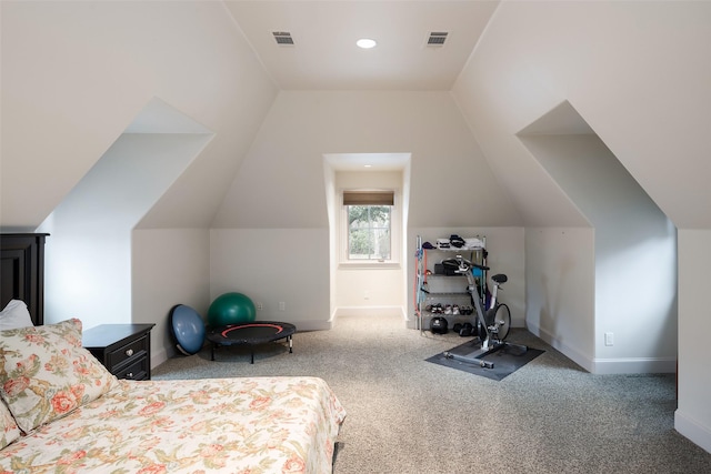 bedroom featuring vaulted ceiling and carpet