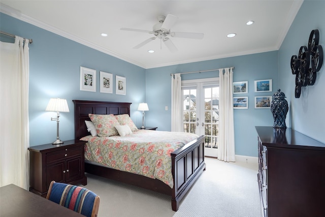 carpeted bedroom featuring french doors, ceiling fan, crown molding, and access to outside