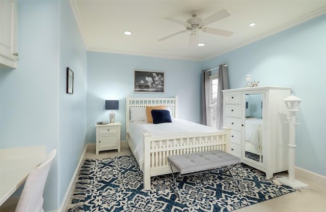 carpeted bedroom featuring crown molding and ceiling fan