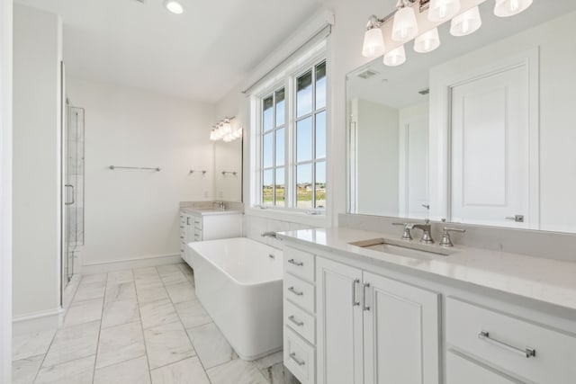 bathroom with independent shower and bath and vanity