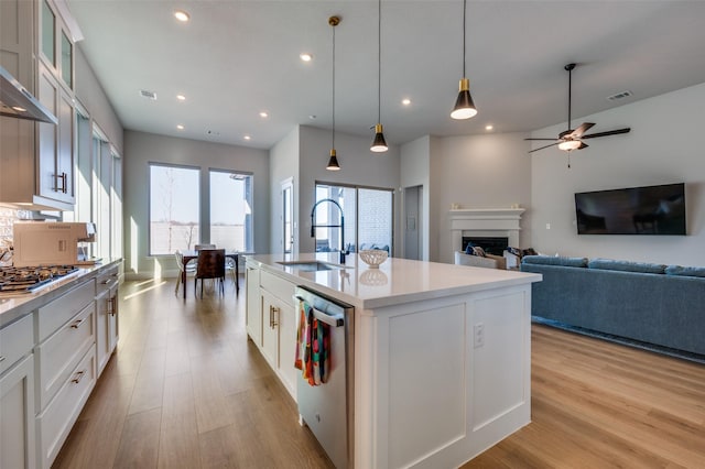 1154 20th St, Northlake, TX 76226 - kitchen featuring appliances with stainless steel finishes, a sink, light wood finished floors, a fireplace, and recessed lighting