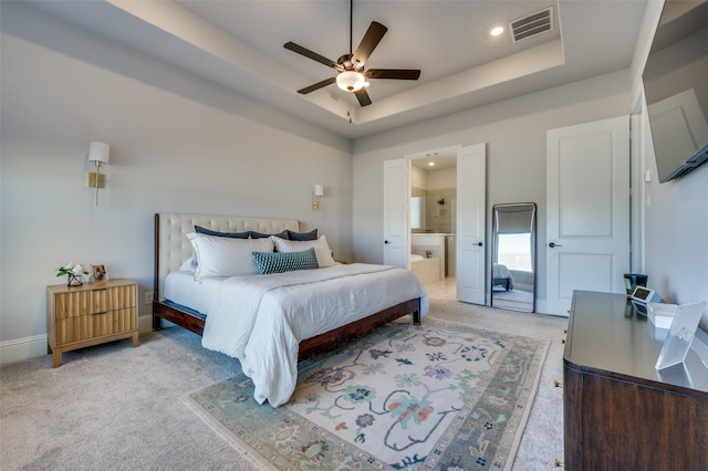 1154 20th St, Northlake, TX 76226 - bedroom with a ceiling fan, visible vents, a raised ceiling, baseboards, and light carpet